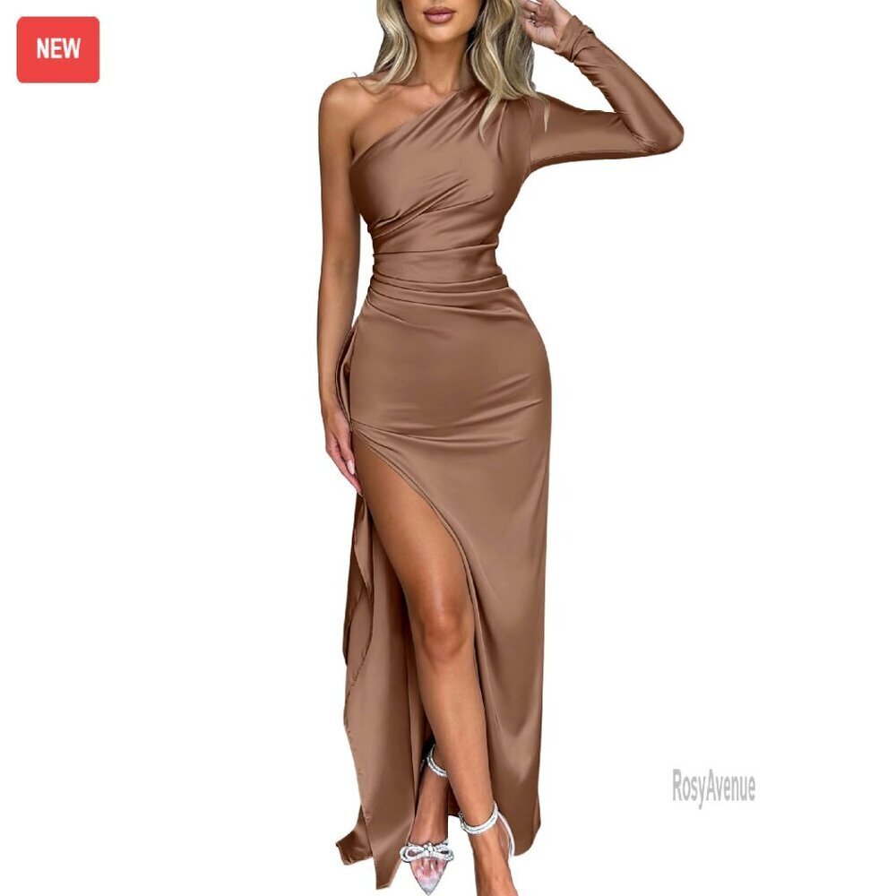 One Shoulder Satin Maxi Dress Formal Prom Bodycon High Split